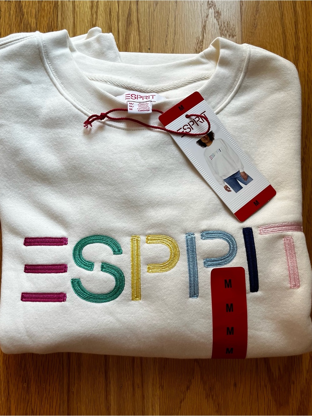 Esprit Cream Sweatshirt with Multicolor Embroidered Logo Medium NWT